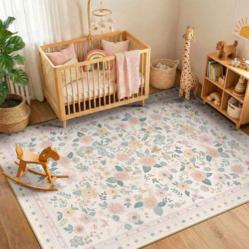 INOVADAY Waschbarer Teppich 90x150 cm Boho Stil Kurzflor rutschfest Blumen Print Design Teppich für Wohnzimmer Schlafzimmer Esszimmer Büro Kinderzimmer Hellbeige