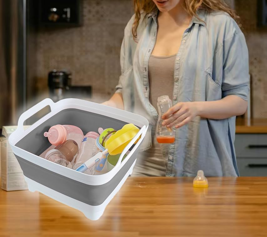 GIMWA Collapsible Wash Basin with Drain Plug - 2.4 Gallon Foldable Kitchen Sink for Baby Bottles, RV Camping, Space-Saving Dish Tub (Gray) — view 6