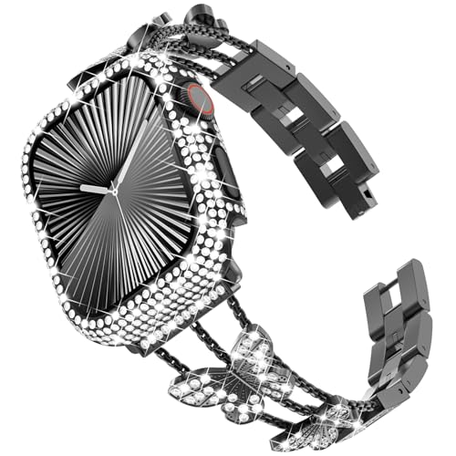 WINGLE Bling Band and Case for Apple Watch Band Women Series 11 10 42mm, Butterfly Diamond Metal Band Rhinestone Crystal Bracelet Jewelry Fancy Chain with Sparkle Screen Protector Case, 42 mm Black - image 1