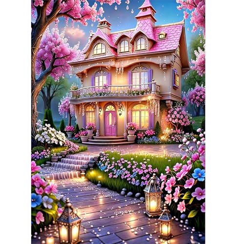Image of AiYuanzsh 5D Diamond Painting Kits for Adults, European Cottage Diamond Art Kits for Adults Beginners, Cherry Blossoms Landscape DIY Full Drill Diamond Dot Gem Painting for Home Wall Decor 12x16 inch