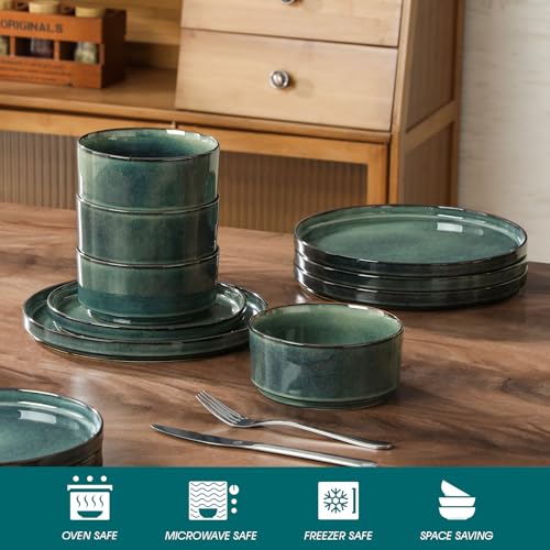 Image of vancasso Starry Plates and Bowls Sets,12 Pieces Green Dinnerware Sets for Kitchen,Modern Stoneware Dishes Set for 4,Dishwasher and Microwave Safe