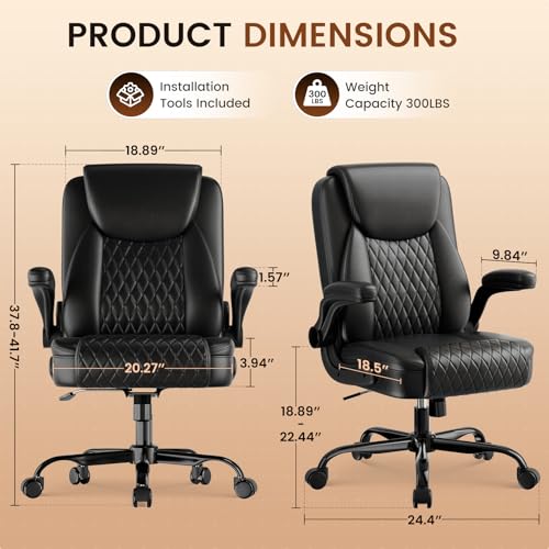 Image of GTPLAYER Leather Office Chair, Home Desk Chair with Flip-up Arms and Ergonomic Back - Comfy Heavy Duty Executive Chair for Home Office Gaming, Black