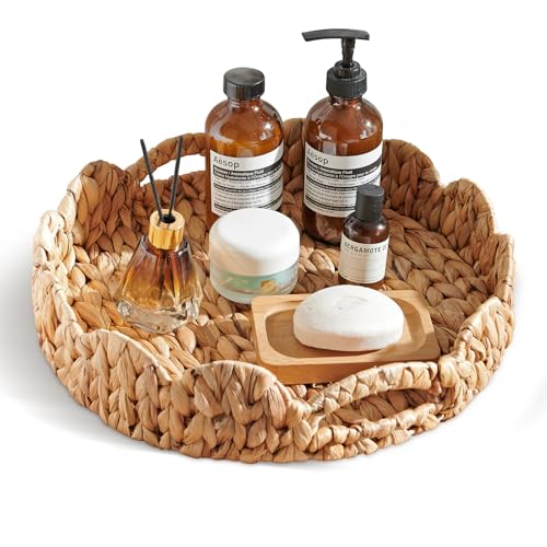 Scalloped Tray, 13.8" Large Round Basket Tray Wicker Rattan Servi...