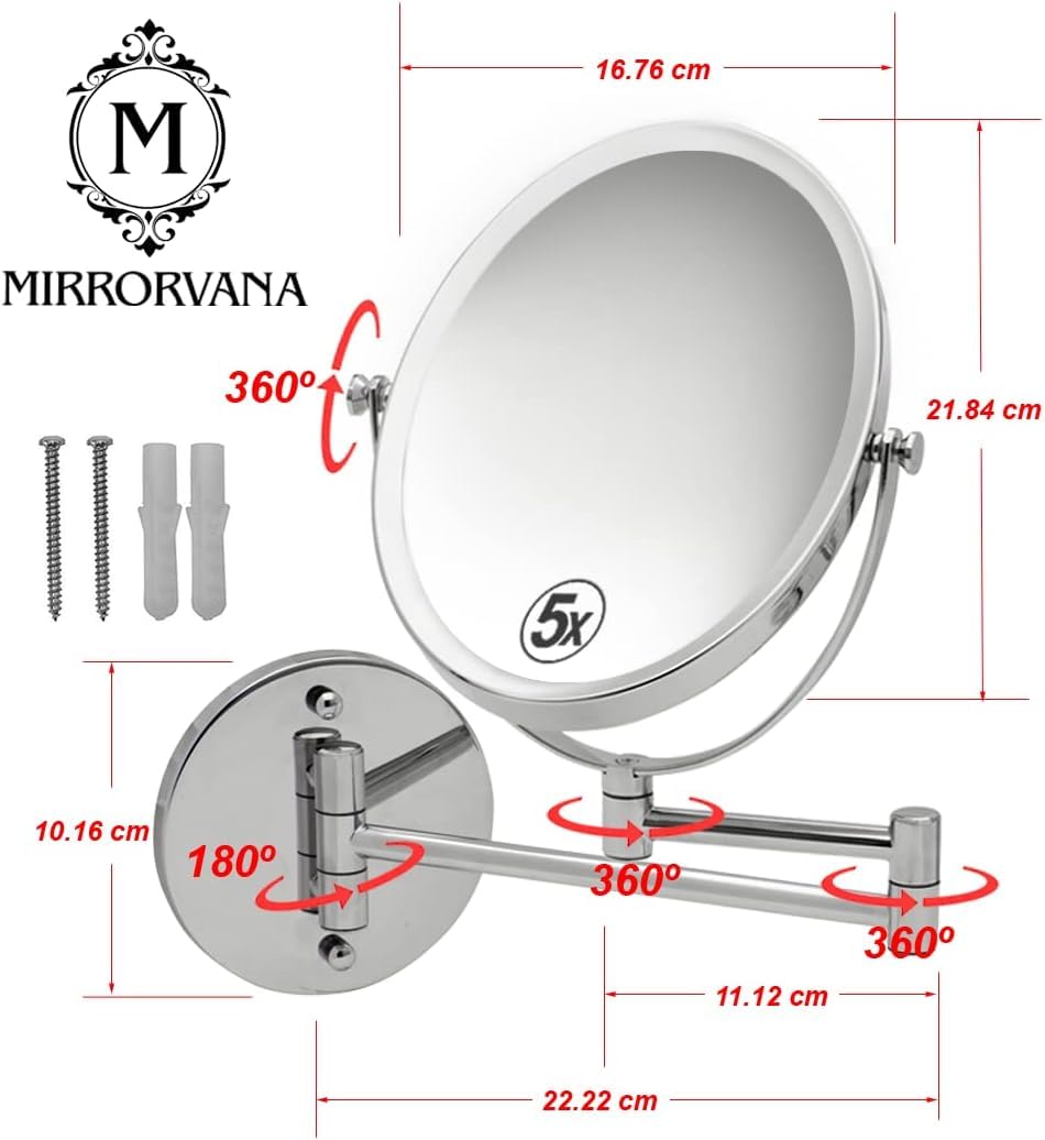 Mirrorvana Specchio ingranditore 5X e 1X da parete per bagno - rotazione a 360°, specchio trucco 17 x 22 cm (cromato)