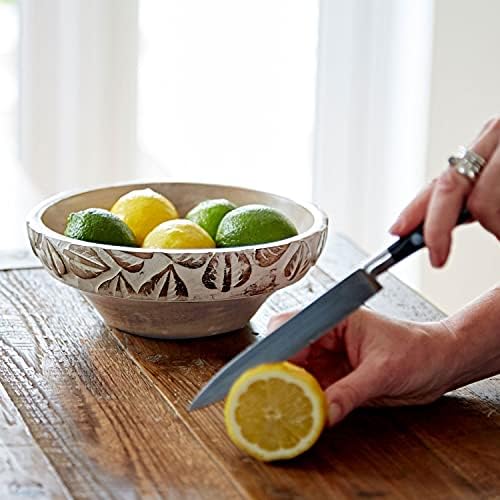 Paper High Antique White Leaf Design Mango Wood Fruit Bowl | Fair Trade | Hand Carved | Sustainable Wooden Bowls