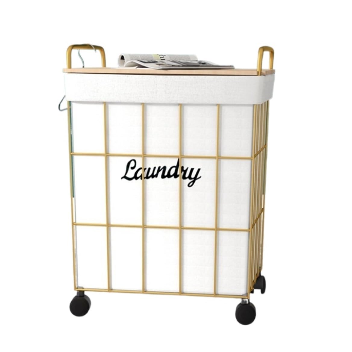 Cesto Colada Cesto Para La Colada De Hierro Con Ruedas Bloqueables, Cesta De Almacenamiento Con Asa, Cesto Para Ropa Con Forro De Lino Y Algodón Cesto Ropa Sucia ( Color : Gold-With Lid , Size : 36*51