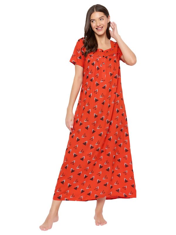 Image of Clovia Women's Rayon Printed Long Night Dress- red