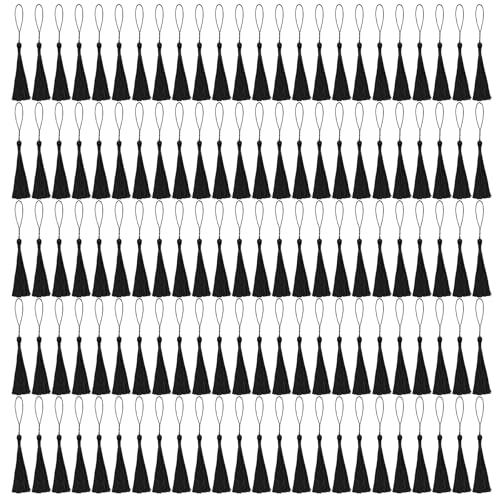 Image of NACHLYNN 120 Pcs Bookmark Tassels Bulk 13cm /5 Inch Silky Handmade Soft Craft Mini Tassels for Jewelry Keychain Making with Loops for Dress Decoration DIY Craft Accessory (Black)