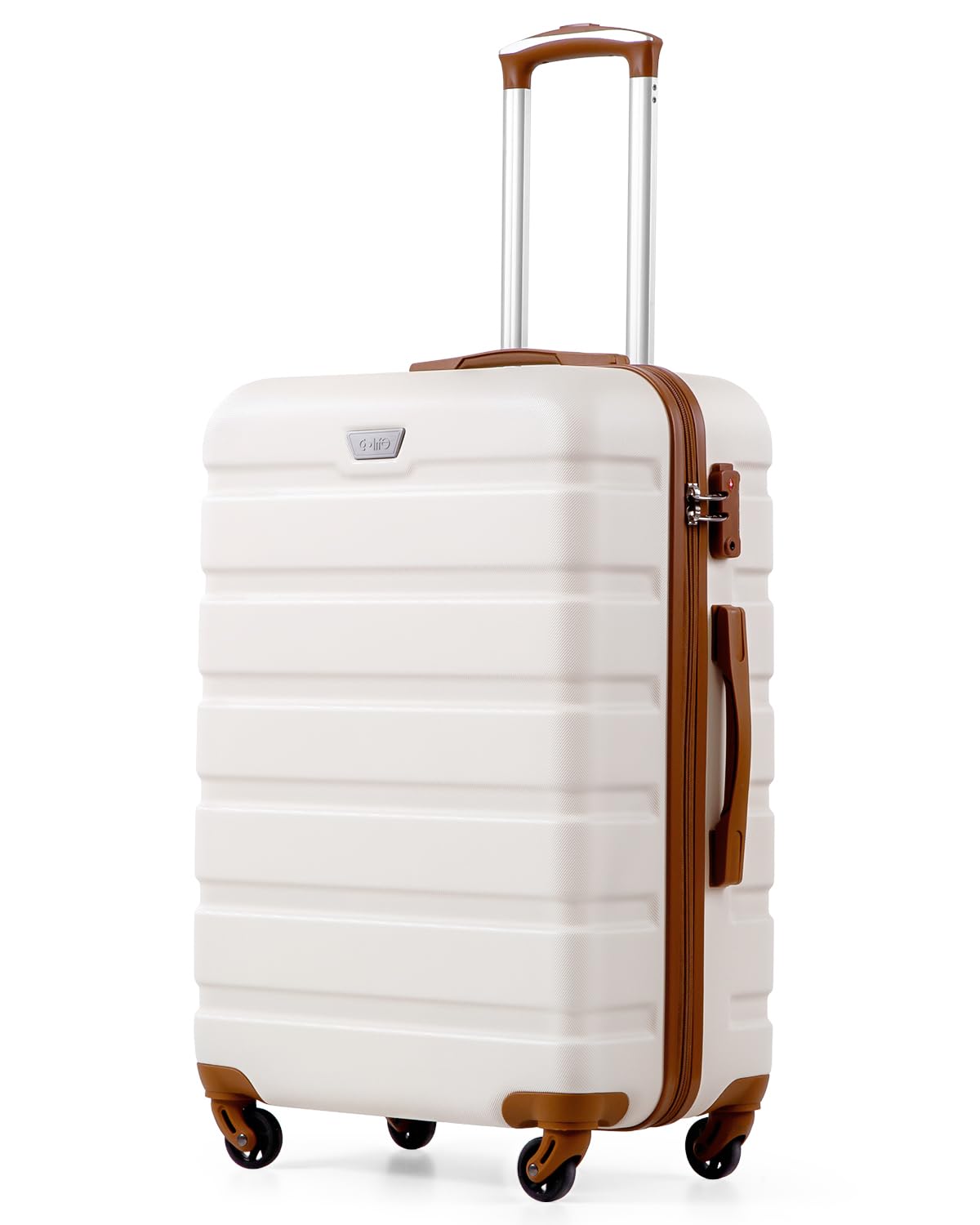COOLIFE 28 Inch Large Suitcase for Checked Luggage, Business Trip, ABS+PC, Lightweight Hard Shell Luggage with 360°Rubber Spinner Wheels, YKK Zipper, Telescopic Handle, TSA Lock, White/Brown