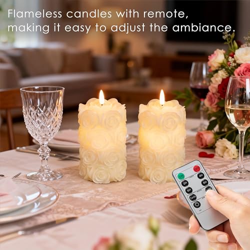 Image of LUSHARBOR Rose Flameless Candles with Remote, Battery Operated Candles Rose Flower for Valentine's Day LED Pillar Candles Battery Powered for Mother's Day & Weddings, Set of 2 Ivory
