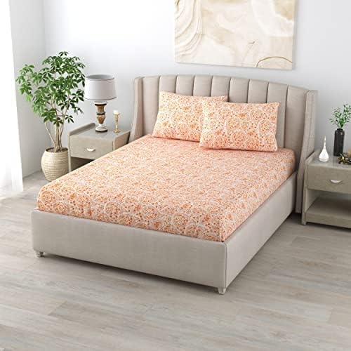 Image of LINENWALAS 100% Cotton Twill Weave All-Around Elastic Fitted Bedsheet with 2 Pillow Covers for Queen Size Bed - 200 TC, Soft Durable & Economical Printed Sheets (60x78 Inch, Paisley Drop Orange)