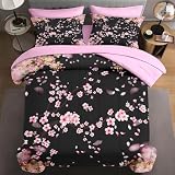 WeCozy 7 Pcs Queen Size Comforter Set with 2 Pillowcases & 2 Shams, Tree Flower Floral Bedding for Kids and Adults, Pink Cherry Blossom Bed in a Bag with Flat Fitted Sheet