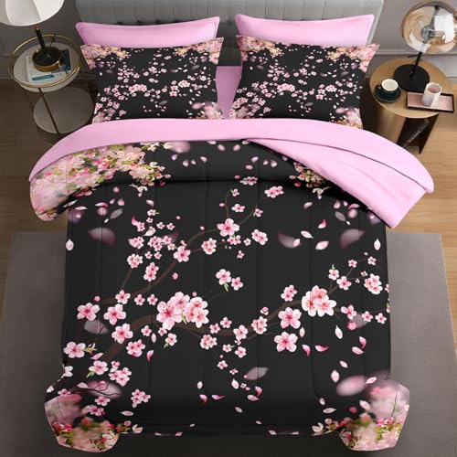 WeCozy 5 Pcs Twin Size Comforter Set with Pillowcase & Sham, Tree Flower Floral Bedding for Kids and Adults, Pink Cherry Blossom Bed in a Bag with Flat Fitted Sheet