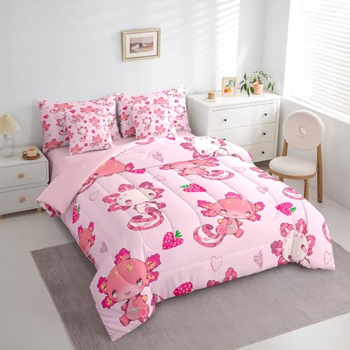 Image of Feelyou Kids Cute Axolotl 7 Pieces Bedding Set Queen Size, Strawberry Comforter Set with Sheets Boys Girls Kawaii Ocean Sealife Bed in A Bag Cartoon Fruit Teens Bed Set Bedroom Decor 7Pcs