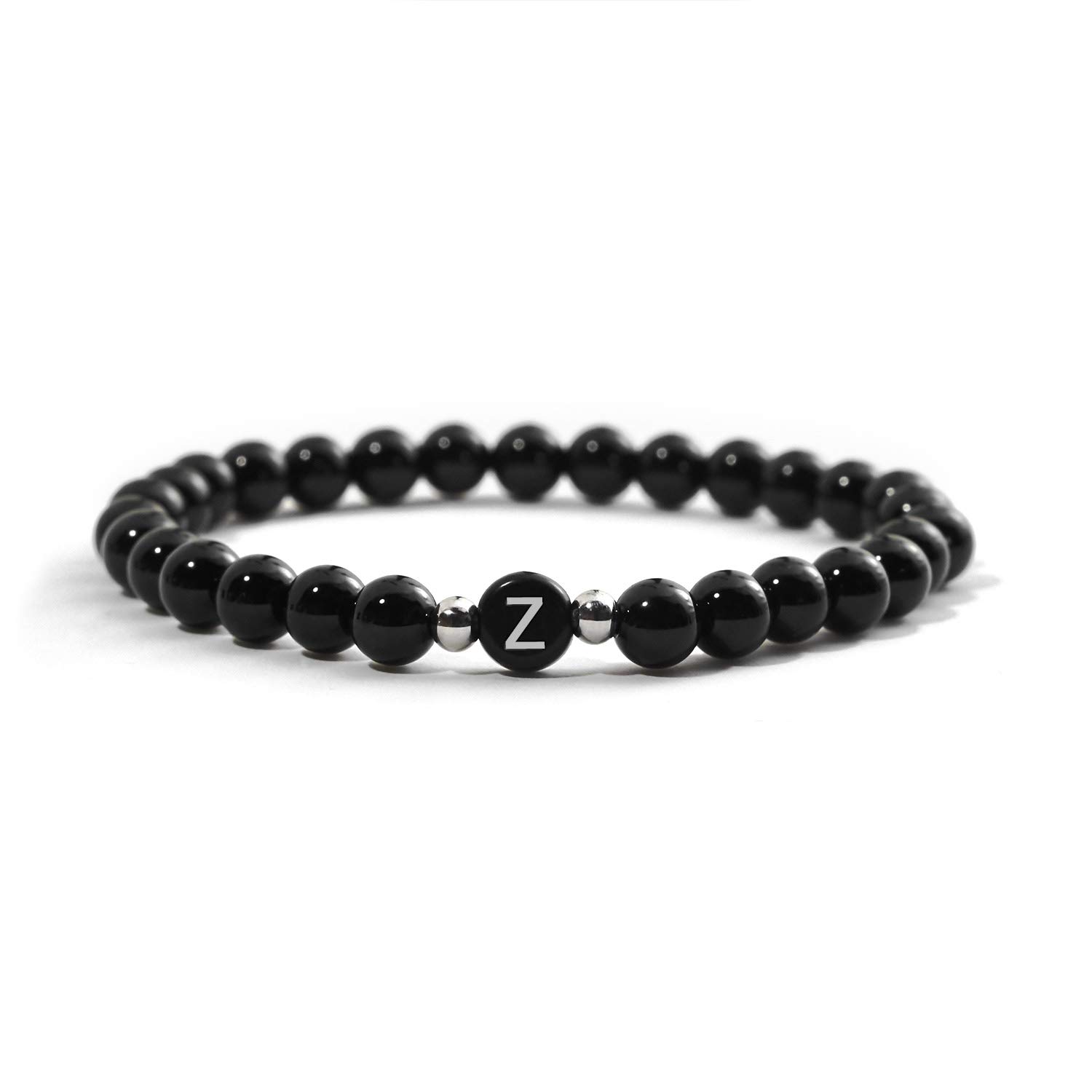 BERGERLIN Buchstabenarmband in Schwarz - Naturstein geprüft in Deutschland, Pärchen Armband mit echten Natursteinperlen mit Echtheitszertifikat für Damen und Herren