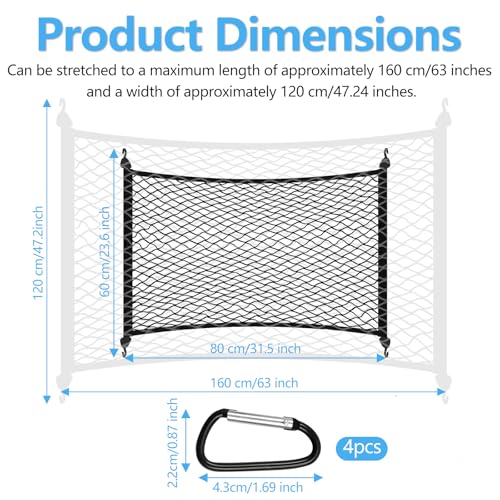 Gepäcknetz Auto 80X60cm Kofferraumnetz Erstreckt Sich auf 160x120cm Elastisches Kofferraum Netz mit 4 Haken Gepäcknetz Wohnmobil Ladungssicherung für die Meisten Autos
