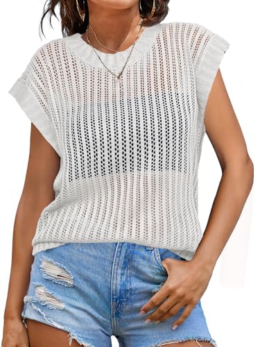 Image of Fisoew Womens Crochet Tops Cap Sleeve Crew Neck Summer Sweaters Lightweight Hollow Out Beach Cover Ups White