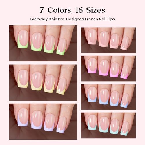 Image of Beetles French Tip Press On Nails 224 Pcs 7 Colors, Short Square Classic Fake Nail Tips, Pastel Romance Macaron Soft Nails Gel False Nail Art DIY For Women
