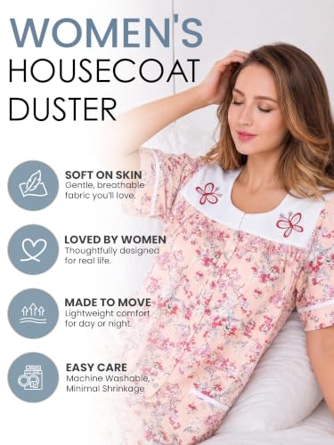 Image of Casual Nights Women's Snap - Front House Dress Short Sleeve Woven Housecoat Duster Lounger Robe with Pockets