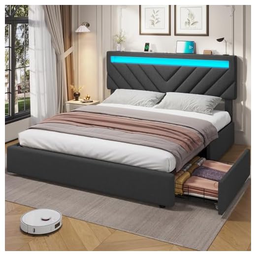 ADORNEVE Queen Bed Frame with 4 Drawers, LED Bed Frame with 2 USB Charging Station, Upholstered Platform Bed with Storage & LED Lights Headboard, No Box Spring Needed, Easy Assembly, Dark Grey
