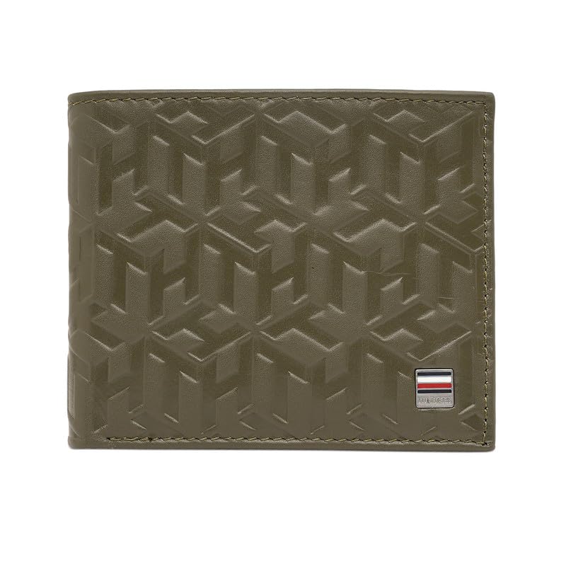 Image of Tommy Hilfiger Men's Slimfold Wallet Elgon - Olive | Embossed Leather | Global Coin Pocket | Stylish Purse for Men