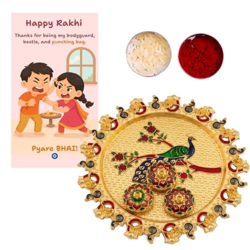 Image of Pink Beaded Rakhi for Brother with Greeting Card, Roli Chawal | Premium Pearl Stone Designer Rakhi | Raksha Bandhan Gift for Brother