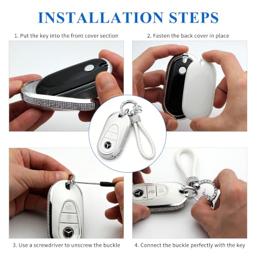 Image of Creativity for Mercedes Benz key cover and keychian (White Combination) | TPU key Case with Rhinestones is compatible with 2022-2025 C S EQE EQS 2023-2025 GLC CLE SL 2024-2025 E smart key