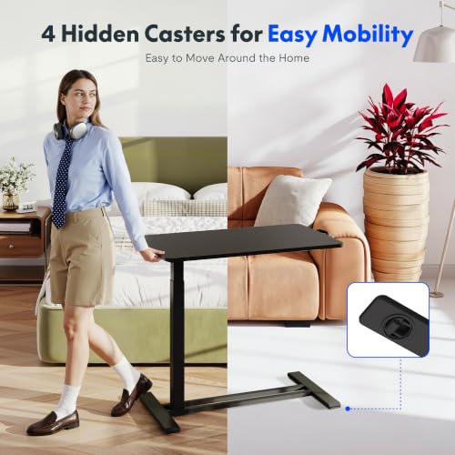 Image of FLEXISPOT H7 Adjustable Overbed Bedside Table with Wheels Pneumatic Mobile Standing Desk Laptop Desk Rolling Computer Cart Movable Overbed Tables Hospital Home Use(27.6 inch W x 15.7 inch D, Black Table)