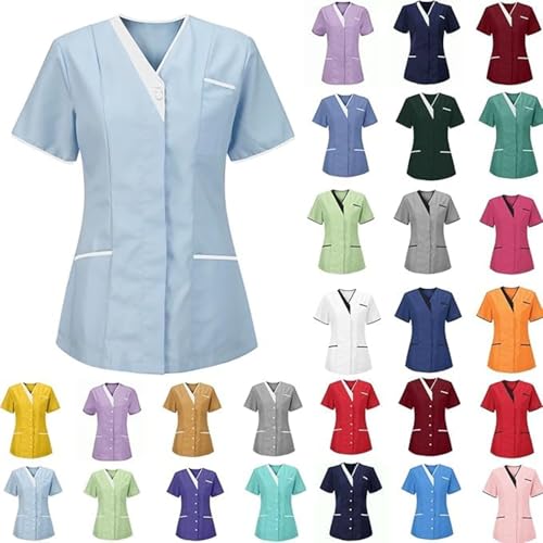 Modaworld Blouse Medicale Femme Col en V Manche Courte Blouse Infirmiere Uniforme De Travail Haut Tenue Infirmiere Professionnelle EsthéTicienne VêTement Lavables Durables Ensemble S-3XL