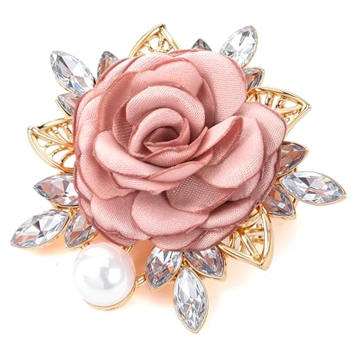 Image of Yuanchu Elegant Rose Flower Brooch Pin, Small Crystal Rhinestone Brooch Pin Dainty Cloth Rose Brooch Pin for Bride Wedding(Pink)