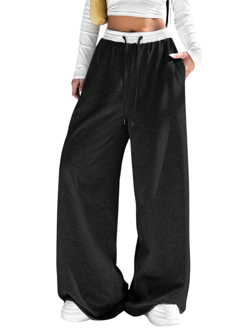 Straight Long Length Trouser Style Drawstring Contrast Belt Black and White Trackpant for Women/Trending, Relaxed Casual Lowers for Women