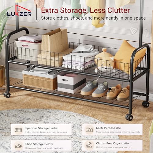 Image of Lukzer | MGR-004 | Black | Metal Cloth Stand & Garment Organizer with Wheels, 2 Bottom Shelves & Mesh Base - Freestanding Coat Rack for Bedroom, Laundry, Office & More | 173 x 110 x 35 cm