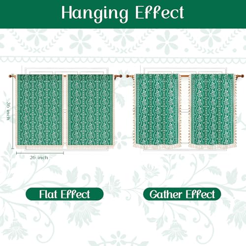 Image of Yinhua Boho Kitchen Curtains 36 Inch Length Vintage Linen Cafe Curtains Light Filtering Bohemian Floral Tier Rod Pocket Farmhouse Rustic Tassel Small Drapes with Tiebacks, 2 Panels, Teal