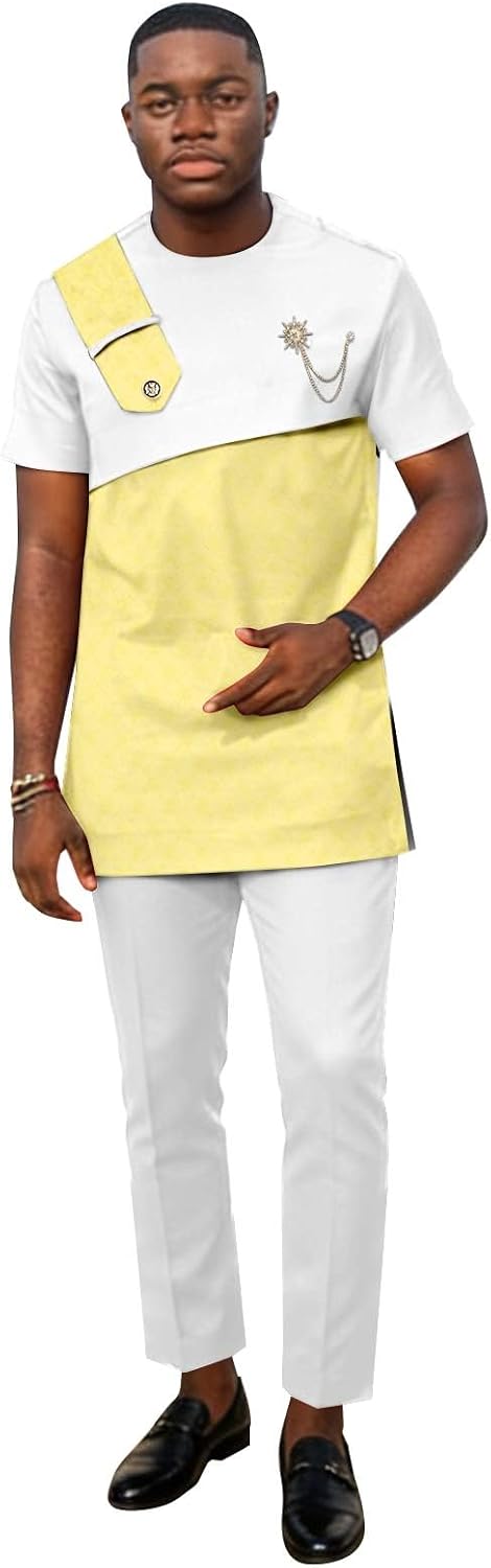 African Suits for Men Brooch Short Sleeve Applique Shirts and Pants Set Dashiki Attire Tribal Tracksuit