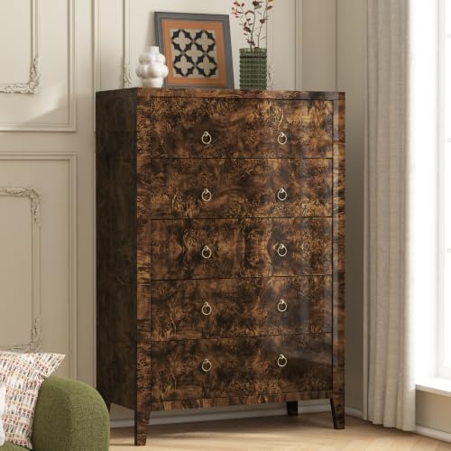 Image of AMERLIFE 49 inch Tall 5 Drawer Dresser with High Gloss Burl Wood Finish, Brown