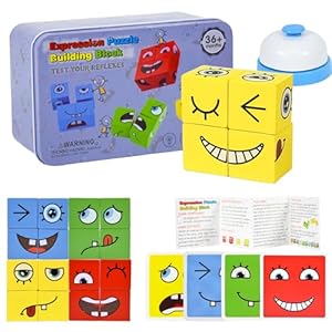 Elezeal Matching Puzzle Game Expressions, Face Changing Thinking Training Wooden Building Cube, Expression Wooden Cube Puzzle for Children,Great Party Game for Kids & Adults