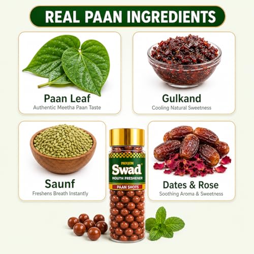 Image of Swad Paan Shots Candy for Instant Mouth Refreshment | Premium Pan Toffee Balls & Traditional Indian Mukhwas | Made with Real Betel Leaf & Gulkand | 100% Natural, Preservative-Free | 150g Bottle