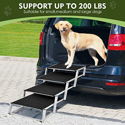 Widen Foldable Dog Car Stairs, Aluminum Frame 4 Steps Portable &Lightweight Pet Stairs, The Widest And Deepest Ladder On The Market, Nonslip Pet Ramp For Cars, Trucks And Suvs, Support 150 To 200 Lbs #TOP5