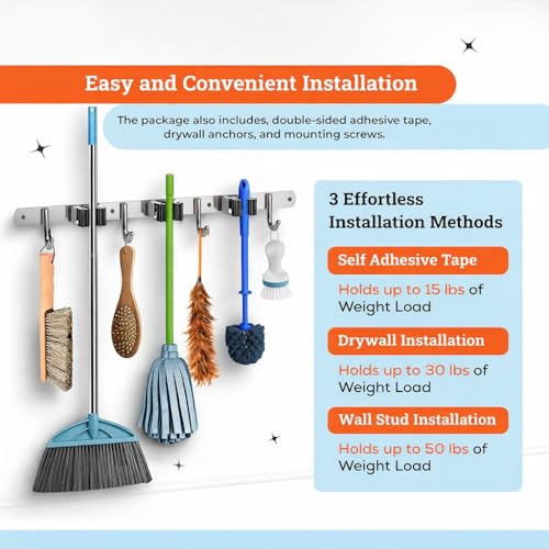 Image of Ternero Mop and Broom Organizer 4 Racks 5 Hooks, Heavy Duty Broom Wall Mount Rake Holder Stainless Steel Tool Hanger for Home, Kitchen, Garage, Garden, Laundry Room, Bathroom Organization