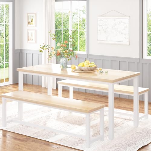 Recaceik Dining Table Set with Bench, 3 Pieces Dining Furniture Set Kitchen Table Set Sturdy Structure Space-Saving Dinette for Kitchen, Dining Room Breakfast Nook, Living Room, Beige