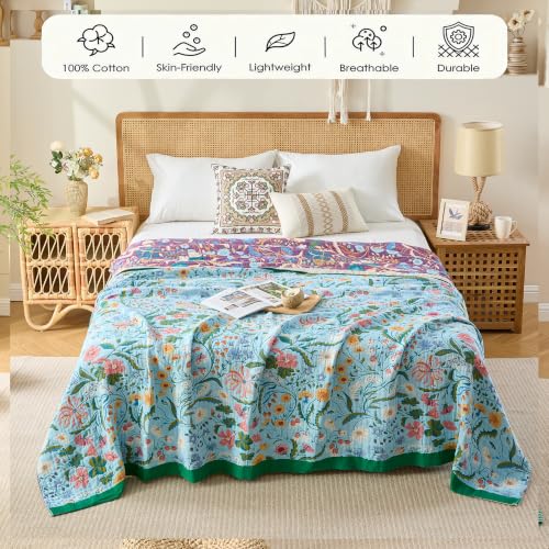 Image of VANJOROY King Boho Throw Blanket, 100% Organic Cotton Breathable Skin-Friendly Ultra Soft 91 inch x 98 inch Bed Quilt Blue Throw - Floral Rustic Luxury Reversible Blanket for Sofa Couch Chair and Gift