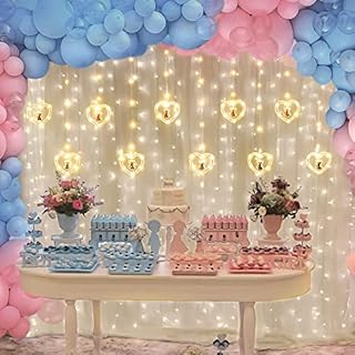 BLOOMWIN Gender Reveal Decoration Lighted, Boy or Girl Baby Gender Reveal Decorations, Heart Curtain Lights with Pink and Blue Bear, Heart-Shaped Fairy Lights for Baby Shower Kids Birthday Party