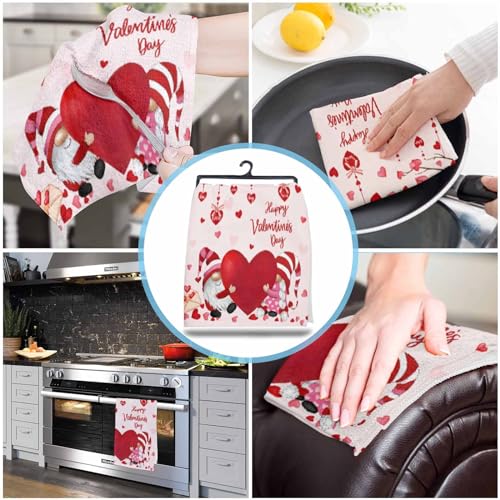 Image of Happy Valentine's Day Kitchen Towels,Gnomes Red Heart Pink 18x28 Inches Soft Kitchen Dish Cloth, Love Tree Cotton Tea Towels /Bar Towels /Hand Towels,(3 Pack)