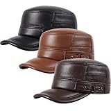 Hixako PU Leather Flat Top Warm Baseball Cap, Leather Hats for Men, Military Flat Top Cap (3PCS)