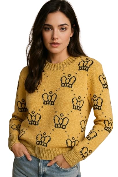 Trendy Crown Pattern Knit Sweater, Winter Wear, Crew Neck Design, Long Sleeve Pullover-image-46