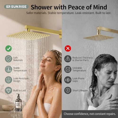 Image of SR SUN RISE Shower Faucet Set 10-Inch Rainfall Shower Head Brushed Gold