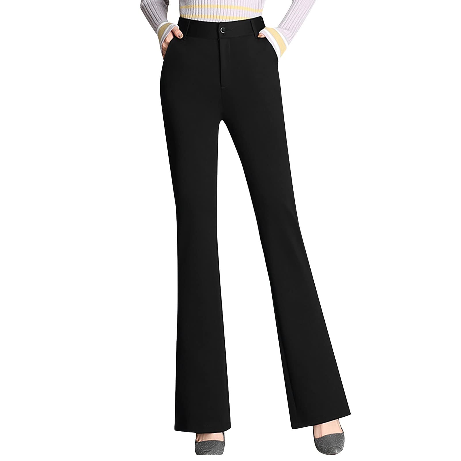 YOLAI Women High Waist Solid Straight Leg Pants Flared Pants Business Work Trousers with Pockets