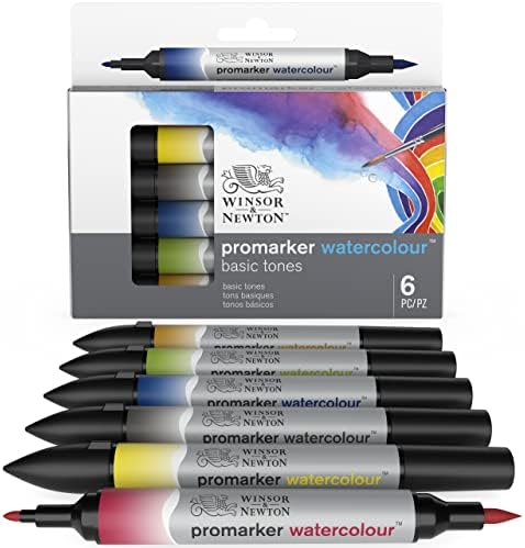 Winsor & Newton,6 - Aquarellmarker im Set,Multicolour 0290164 Watercolour Basic Tones Marker Set, Alizarin Crimson Hue/Cadmium Yellow Hue/Ivory Black/Prussian Blue Hue/Sap Green/Yellow Ochre