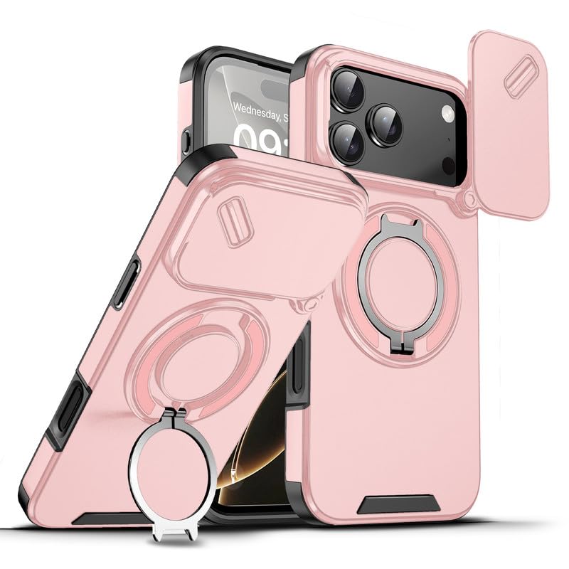 Image of LuxuryKase Shockproof Rugged Case for iPhone 17 Pro Max | Slide Camera Cover | 360 Rotating Ring Kickstand | Military-Grade Protection - Rose Pink