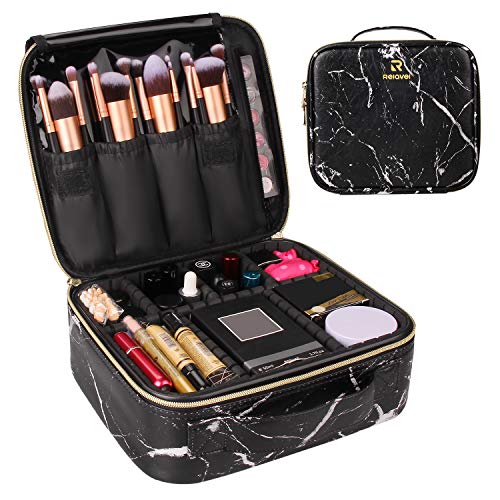 MONSTINA Marble Makeup Bag Organizer,Travel Cosmetic Case Portable Makeup Train Case Makeup Artist Bag with Adjustable Compartment for Cosmetics and Nail Tools (Black)